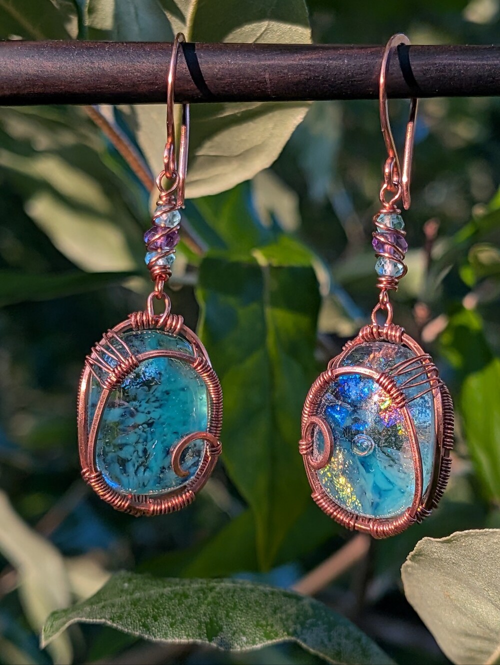 Mermaid Goddess Earrings - Artisan Dichroic Glass with Natural Gems in Copper - Picture 8 of 16